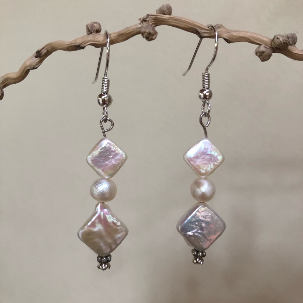 Handmade Freshwater Baroque Square & Irregular Round Pearl Dangle Earrings